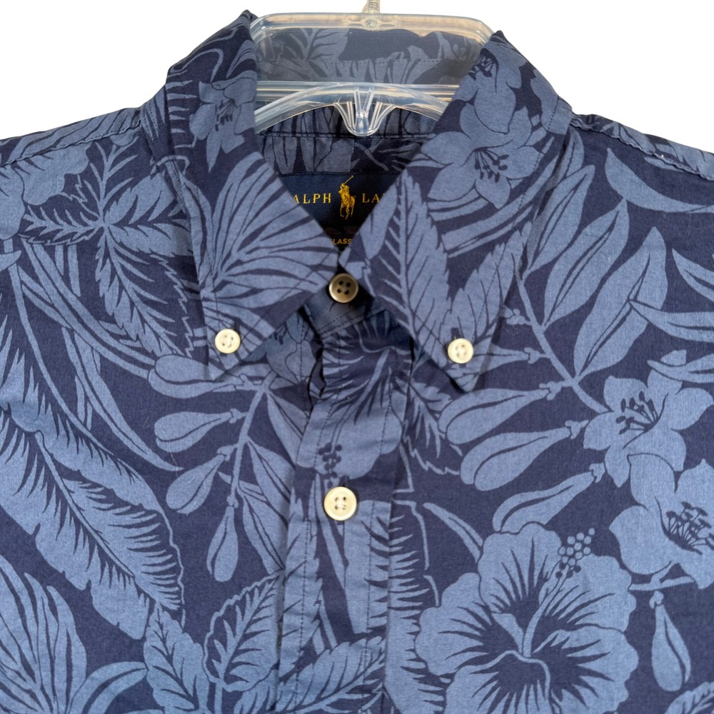 Ralph Lauren Button Down Shirt Mens Medium Blue Floral Tropical Short Sleeve